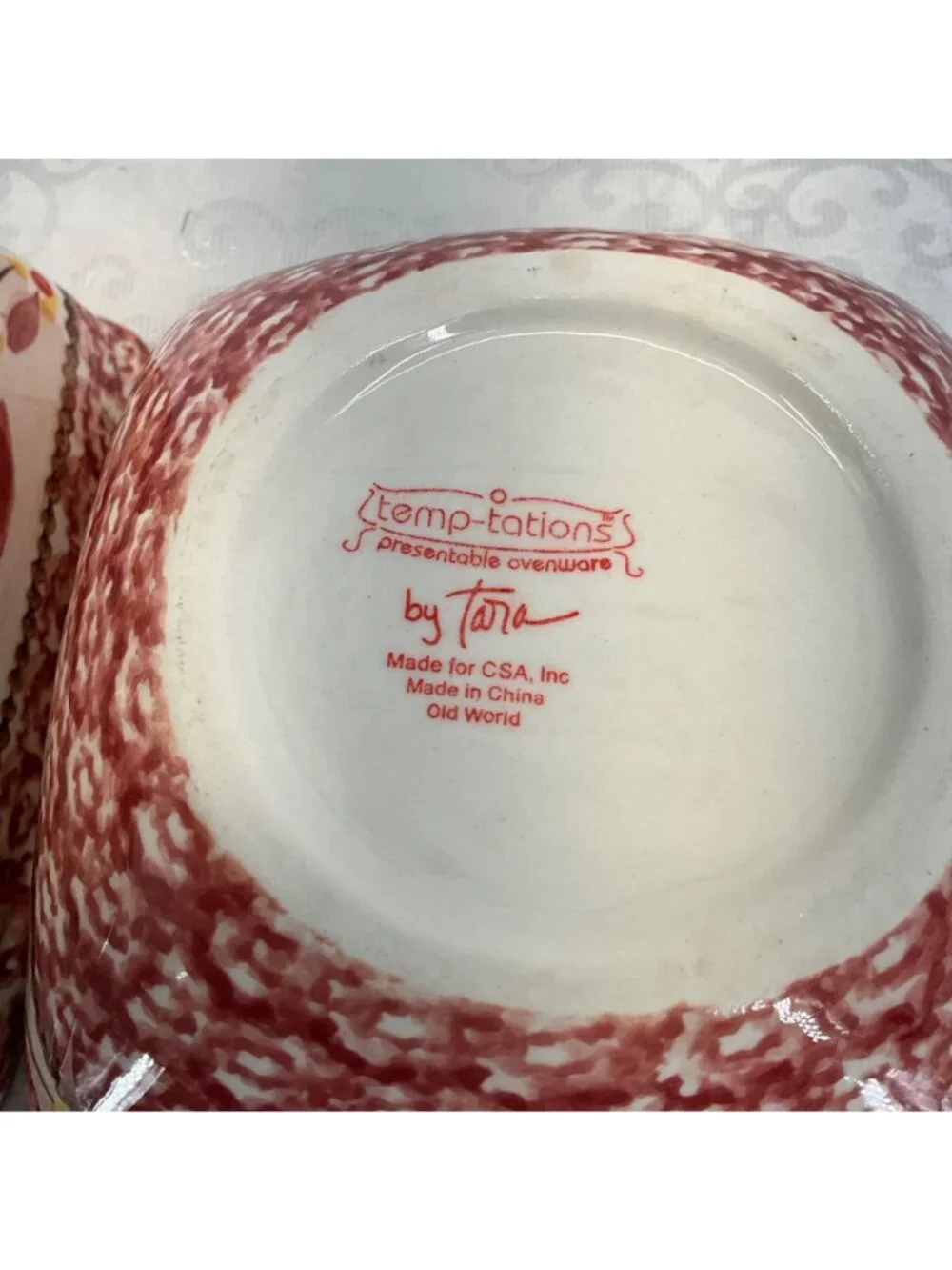 Temp-Tations Old World Square Ceramic Bowls CranberryFloral Set Of 2 Oven Safe